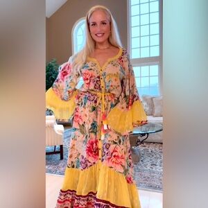 NWOT Floral Long Sleeve Maxi Dress with Yellow Accents